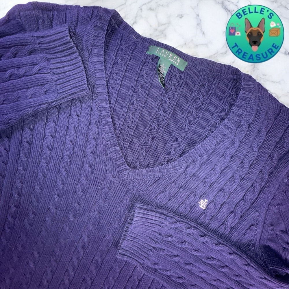 Ralph Lauren LRL Sweater Womens Large Navy Cable Knit Cotton V-Neck Long Sleeve